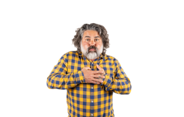 Man holding his breath with his hands on his chest on a white background