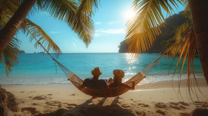 Beautiful beach. Hammock between two palm trees on the beach. Holiday and vacation concept Generate AI	