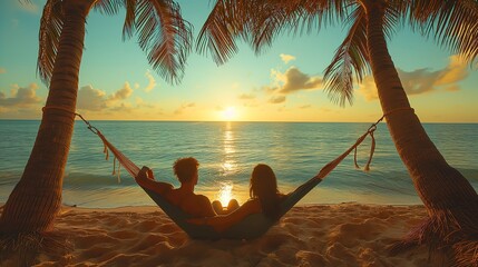Beautiful beach. Hammock between two palm trees on the beach. Holiday and vacation concept Generate AI	