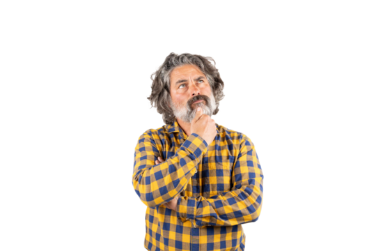 Middle age gray haired man with hand on chin thinking about question .Doubt concept.