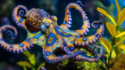 Fototapeta premium Blue Ringed Octopus Displaying Its Vibrant Warning and Deadly Aspects