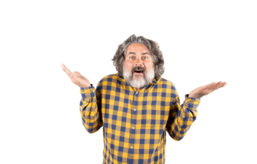 Middle-aged man with white beard and mustache raises his hands on a white background