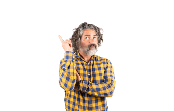 Bearded man pointing his finger with an expression of interest - Powered by Adobe