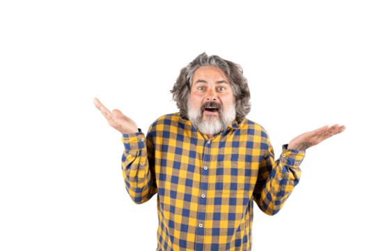 Middle-aged man with white beard and mustache raises his hands on a white background