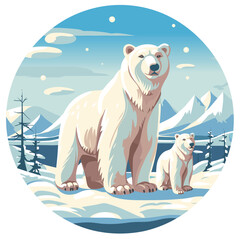Polar bear with cub arctic landscape. Vector illustration