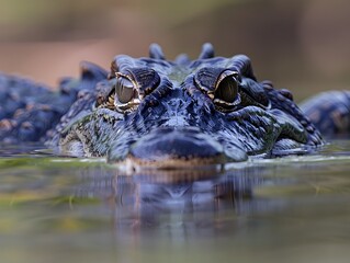 Obraz premium Crocodile Lurking Just Below the Water s Surface Eyes and Nostrils Barely Visible in Closeup