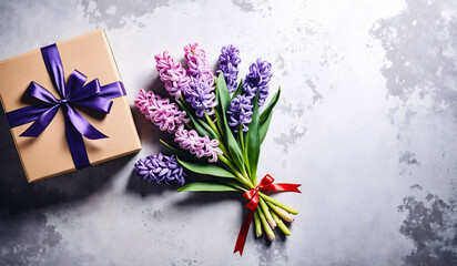From above flat lay of violet hyacinth flowers near brown paper gift box with red ribbon on concrete background, copy space