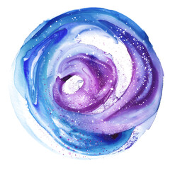 Blue and purple watercolor swirl stain on transparent background.