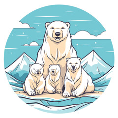 Polar bear family with cubs arctic landscape. Vector illustration