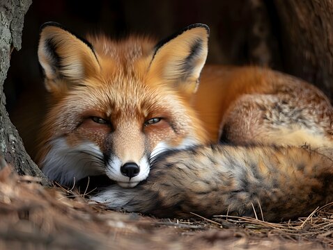 Cozy Close up of a Resting Fox Curled Up in its Natural Den Habitat