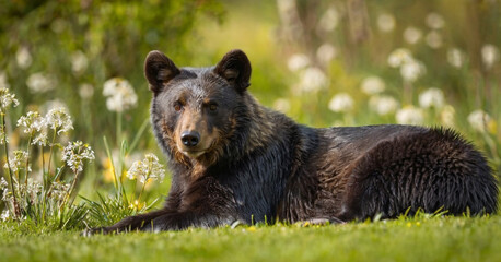 A brown bear walking through a vibrant field of green grass and purple flowers, with rolling hills and a clear sky in the background. It's a serene and picturesque scene of wildlife