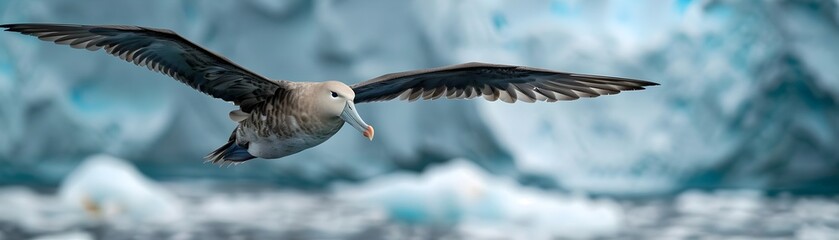 Majestic Southern Giant Petrel Soaring Above Icy Antarctic Landscape Against Dramatic Backdrop of Towering Icebergs - obrazy, fototapety, plakaty