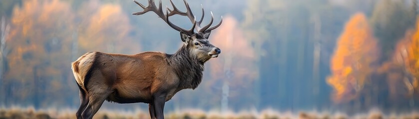 Majestic Stag in Vibrant Autumn Forest Clearing Embodying the Untamed Spirit of Nature - obrazy, fototapety, plakaty