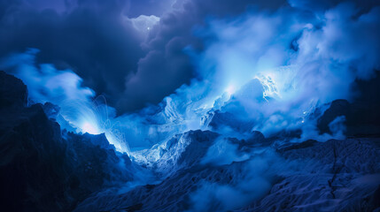 A photo of The ethereal beauty of Kawah Ijen's blue flames illuminating the volcanic crater at night - obrazy, fototapety, plakaty