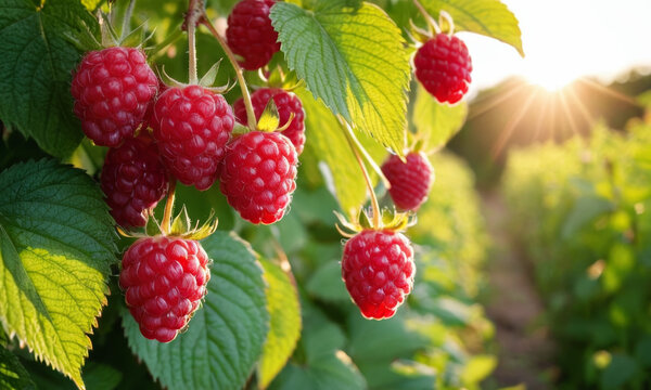 A bush with green leaves and red raspberries,