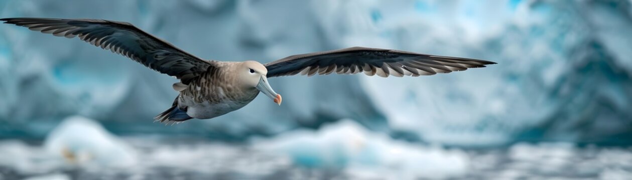 Majestic Southern Giant Petrel Soaring Above Icy Antarctic Landscape Against Dramatic Backdrop of Towering Icebergs