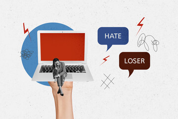 Collage image sketch of upset unhappy woman suffering from haters abuse bullying isolated on...