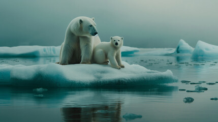 Mama polar bear with her cubs sitting together on a small ice floe in the arctic waters. Sad conceptual picture depicting melting icebergs due to climate change,  global warming and endangered species