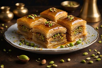 Deliciously golden and layered baklava with chopped pistachios, perfect for depicting a sweet indulgence