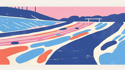 Modern abstract graphic design of American football stadium with the field, bold colors 