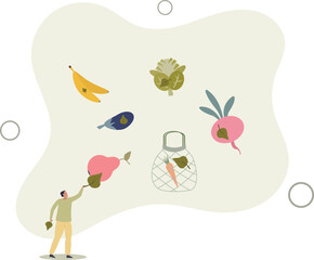 Organic food eating and ecological groceries shopping.Natural bio vegetables and fruits consumption for healthy meals.flat vector illustration.