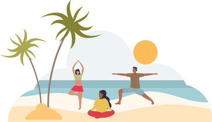 Wellness retreats with sport activities and yoga at beach.flat vector illustration.