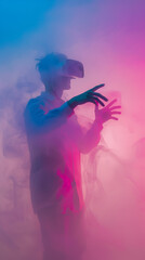 A man wearing a virtual reality headset and gesturing with his hands while surrounded by a colorful mist.