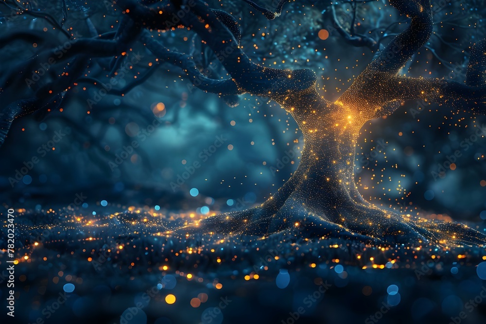 Poster digital tree of life: nature-inspired data flow. concept interactive data visualization, eco-friendl