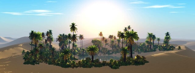 Oasis at sunset in a sandy desert, a panorama of the desert with palm trees,
3d rendering - 782023648