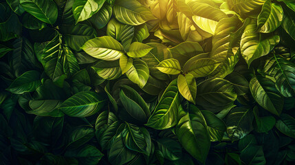 Fototapeta premium Sunlight dances on intricate textures of green leaves, encapsulating essence of natural carbon capture and beauty of sustainability. Eco-friendly carbon credit and the fight against global warming.