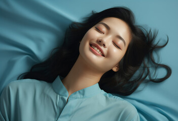 Portrait of a happy beautiful Asian woman with closed eyes and long black hair laying on a blue silk bed in a light turquoise shirt, smiling and eye closed the camera in a close up portrait shot