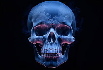 A skull made of neon blue pink  smoke on black background, xray style, medical themes, glowing light effects, 3d rendering, symmetrical composition