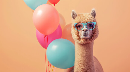 Fototapeta premium Cute Alpaca animal with a bunch of colorful balloons on a bright peach pastel background. Birthday party vibes, vibrant colors. 