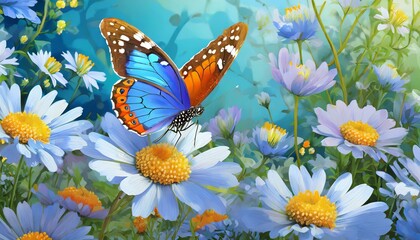 butterfly on a flower, Background flower butterfly spring garden floral beauty blossom plant blue. Garden spring butterfly background summer flower field white color season banner 
