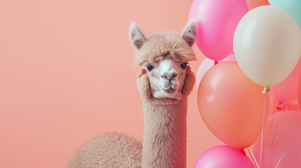 Obraz premium Cute Alpaca animal with a bunch of colorful balloons on a bright peach pastel background. Birthday party vibes, vibrant colors. 