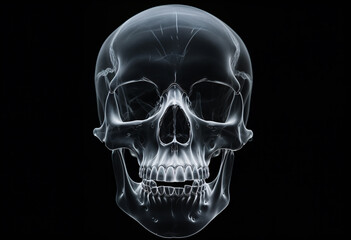 3D X-ray skull on a black background, front view, simple, minimalistic, transparent glass-like material, white color, in the style of glass