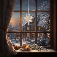 illustration of A beautiful christmas star seen though a window, Generative ai