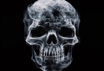 A skull made of smoke on black background, smoke is swirling around the head, symmetrical composition, Xray perspective, photorealistic style, high contrast, soft light illumination,