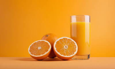 A glass of orange juice surrounded by several oranges, both whole and cut in half. - obrazy, fototapety, plakaty