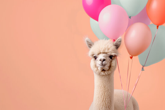 Cute Alpaca animal with a bunch of colorful balloons on a bright peach pastel background. Birthday party vibes, vibrant colors.	