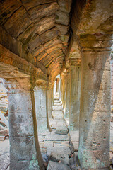 The old passage that built by ancient sandstone bricks at Banteay Kdei temple in Siem Reap, Cambodia