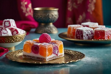 Colorful Turkish delights with fruit pieces served on a golden platter against a moody backdrop