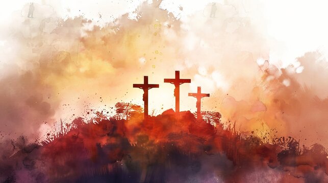 Three crosses on top of a mountain painted in watercolor. Christian symbols.
