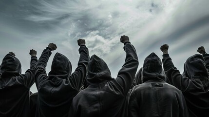 People in hoodies raise their fists in the air. The concept of protest, rebellion. - obrazy, fototapety, plakaty