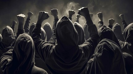 People in hoodies raise their fists in the air. The concept of protest, rebellion. - obrazy, fototapety, plakaty