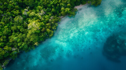 A photo of The turquoise waters and lush greenery of Raja Ampat's remote islands captured from a drone