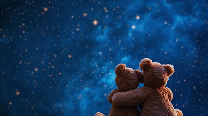 Two teddy bears cuddling under the starry sky. The concept of friendship and selfless love. - obrazy, fototapety, plakaty