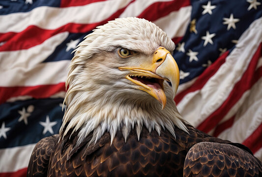 Bald eagle looking up proudly with American flag in the background
