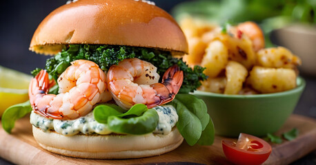 A gourmet burger with a grilled patty topped with cooked shrimps, garnished with fresh green leaves...