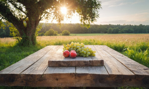 A wooden table outdoors with a pile of fruit on top.